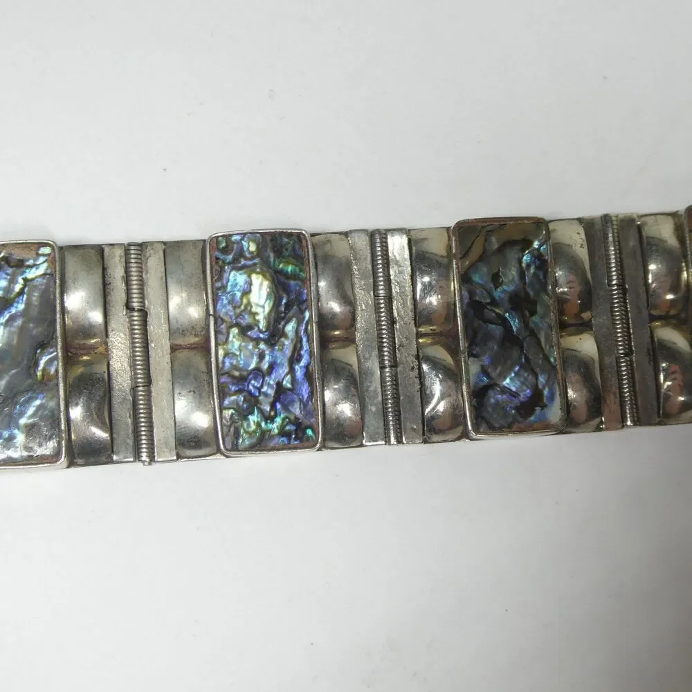 Mother of Pearl Panel Link Bracelet Abalone Sterling Silver Taxco Mexico Vintage
